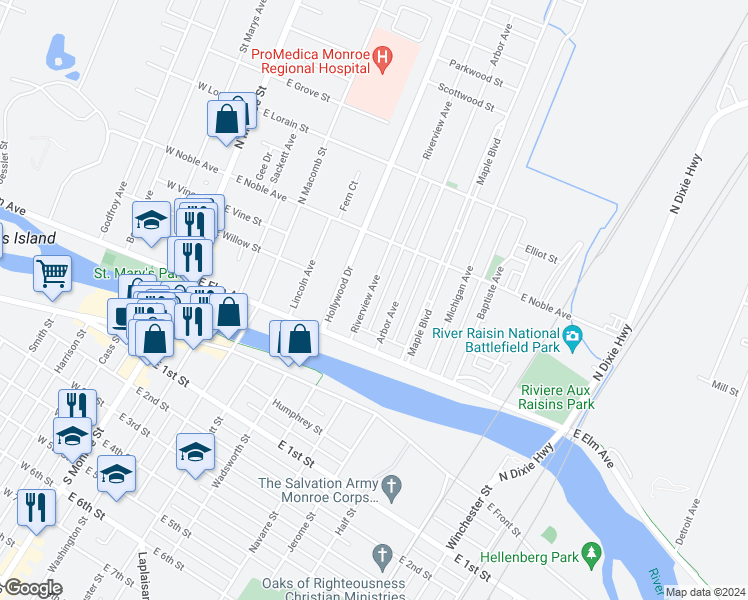 map of restaurants, bars, coffee shops, grocery stores, and more near 160 Riverview Avenue in Monroe