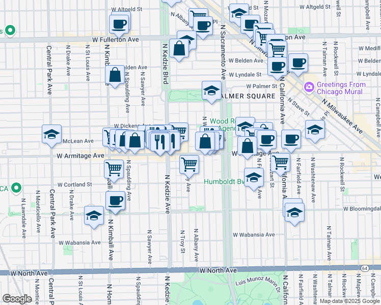 map of restaurants, bars, coffee shops, grocery stores, and more near 2001 North Albany Avenue in Chicago