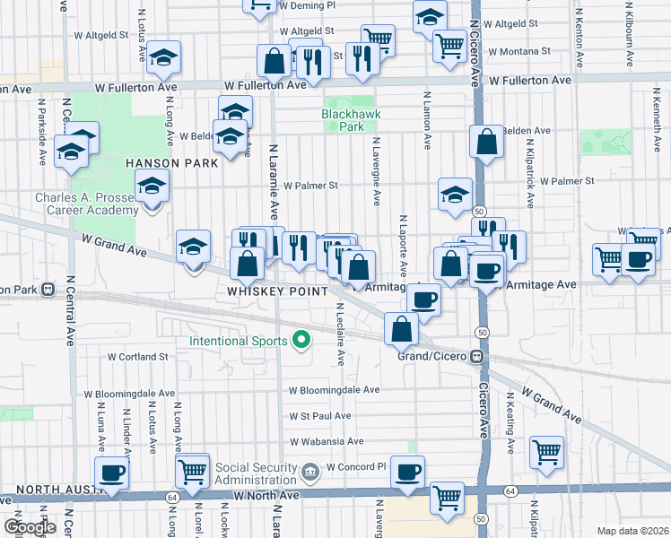 map of restaurants, bars, coffee shops, grocery stores, and more near 2021 North Leclaire Avenue in Chicago