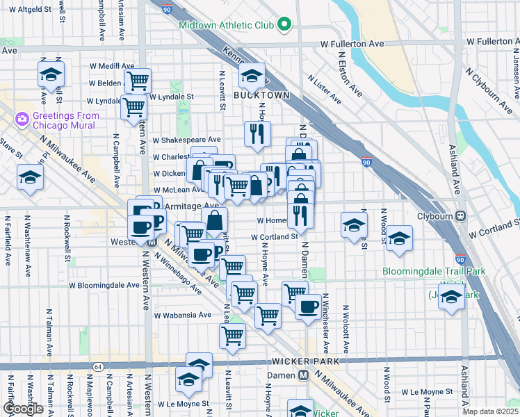 map of restaurants, bars, coffee shops, grocery stores, and more near 2121 West Armitage Avenue in Chicago