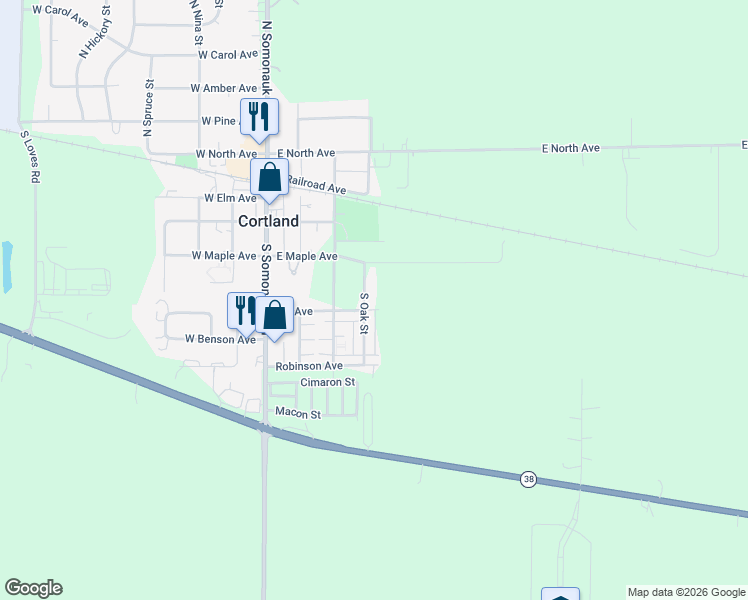 map of restaurants, bars, coffee shops, grocery stores, and more near 174 South Oak Street in Cortland