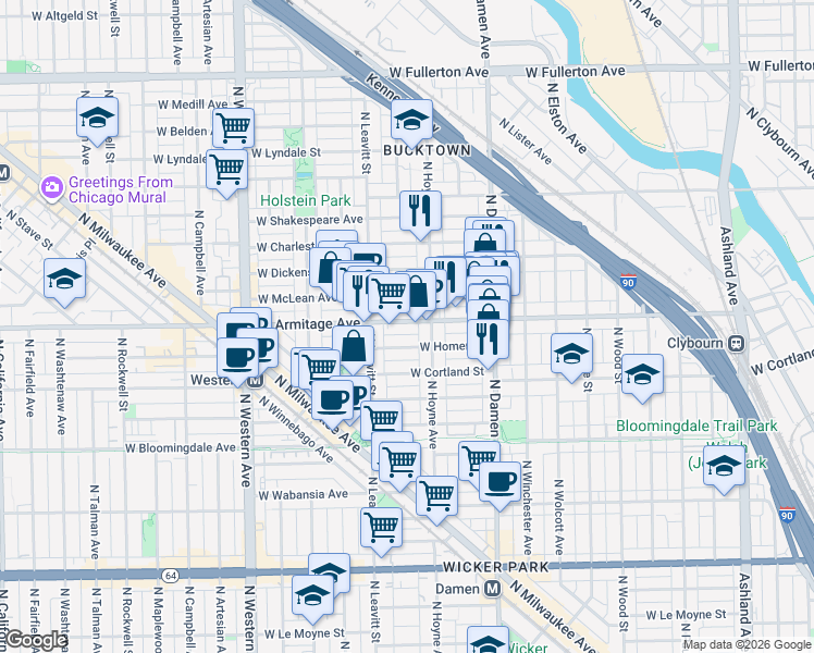 map of restaurants, bars, coffee shops, grocery stores, and more near 2121 West Armitage Avenue in Chicago