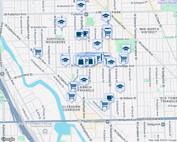 map of restaurants, bars, coffee shops, grocery stores, and more near 1954 North Bissell Street in Chicago