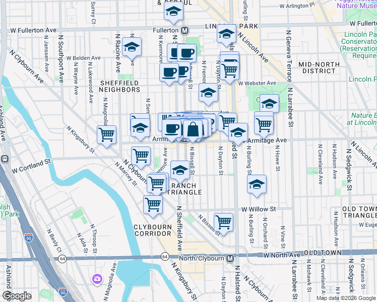 map of restaurants, bars, coffee shops, grocery stores, and more near 1952 North Bissell Street in Chicago