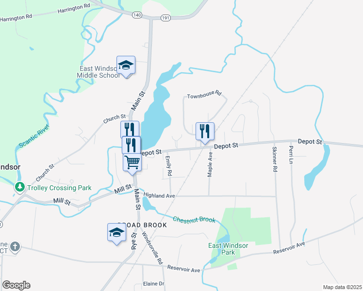 map of restaurants, bars, coffee shops, grocery stores, and more near 45 Depot Street in East Windsor