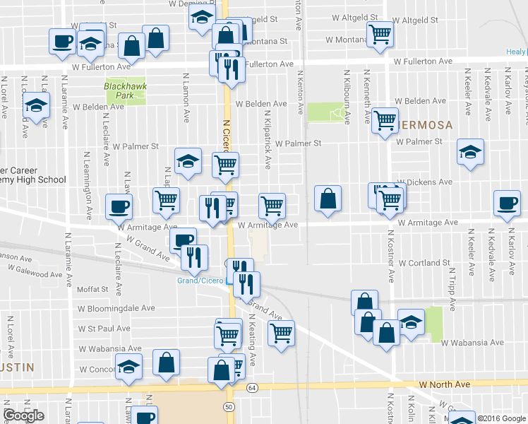 map of restaurants, bars, coffee shops, grocery stores, and more near 2016 North Kilpatrick Avenue in Chicago