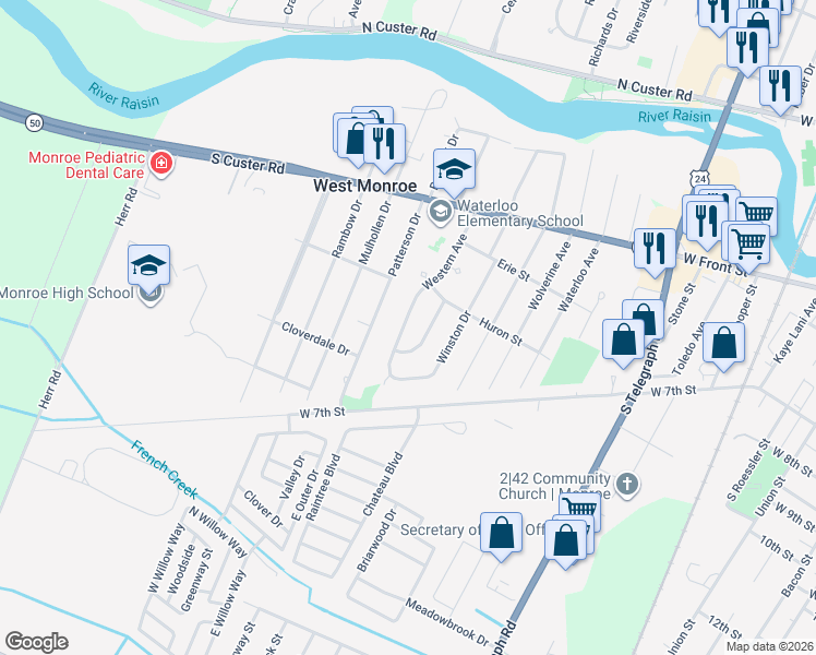 map of restaurants, bars, coffee shops, grocery stores, and more near 925 Western Avenue in Monroe