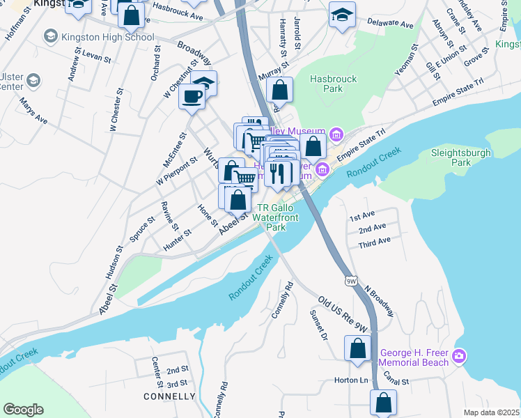 map of restaurants, bars, coffee shops, grocery stores, and more near 50 Abeel Street in Kingston