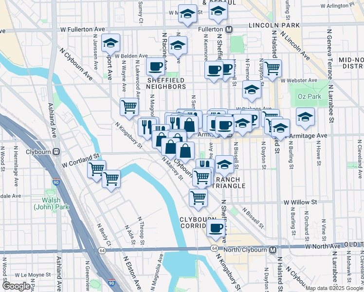 map of restaurants, bars, coffee shops, grocery stores, and more near 1965 F North Maud Avenue in Chicago
