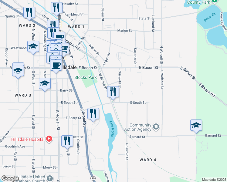 map of restaurants, bars, coffee shops, grocery stores, and more near 59 East Street Joe Street in Hillsdale