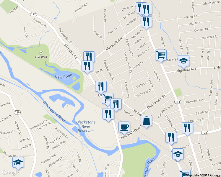 map of restaurants, bars, coffee shops, grocery stores, and more near 22 Maybury Street in Cumberland