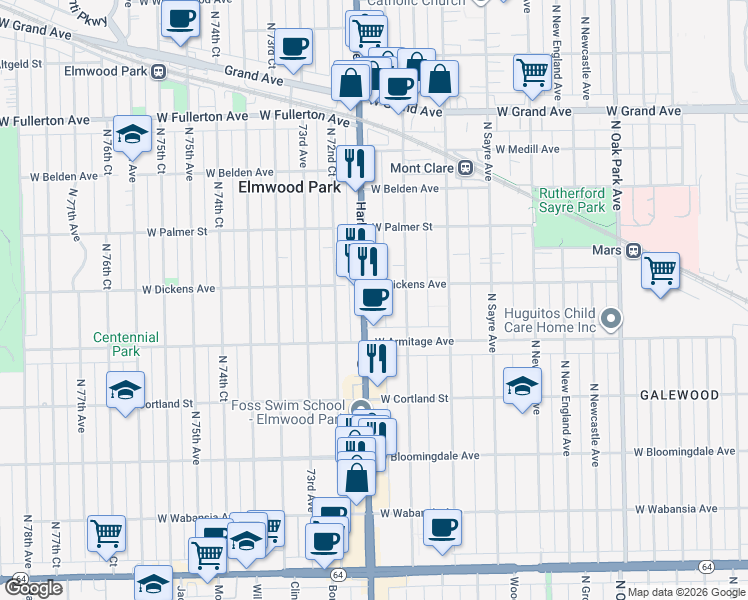 map of restaurants, bars, coffee shops, grocery stores, and more near 2045 North Harlem Avenue in Chicago