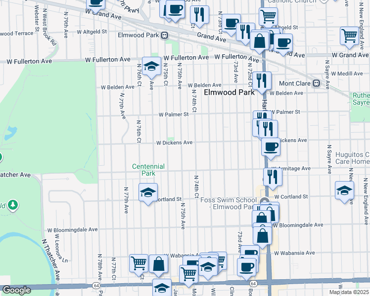map of restaurants, bars, coffee shops, grocery stores, and more near 2039 North 75th Avenue in Elmwood Park