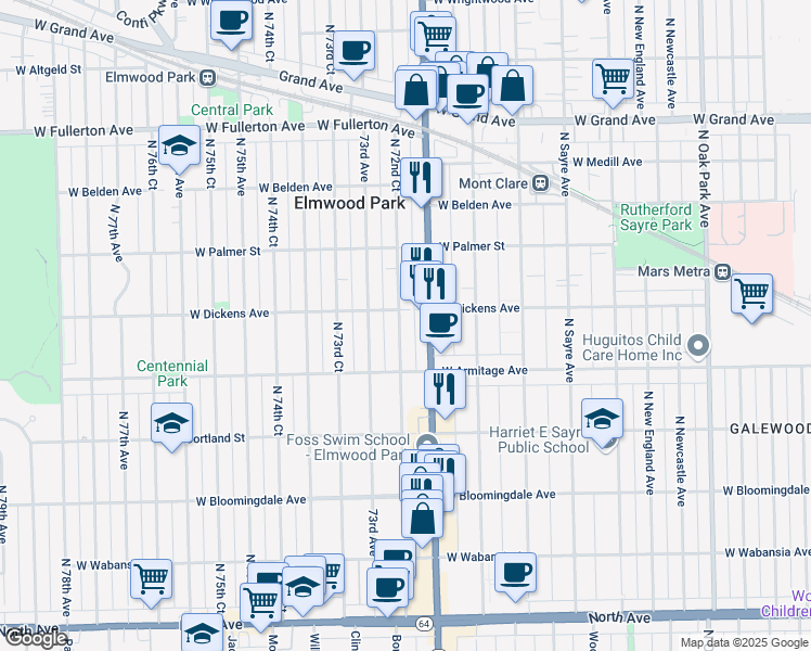 map of restaurants, bars, coffee shops, grocery stores, and more near 2035 North 72nd Court in Elmwood Park