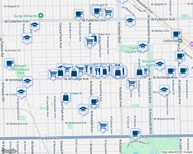 map of restaurants, bars, coffee shops, grocery stores, and more near 3316 West Armitage Avenue in Chicago