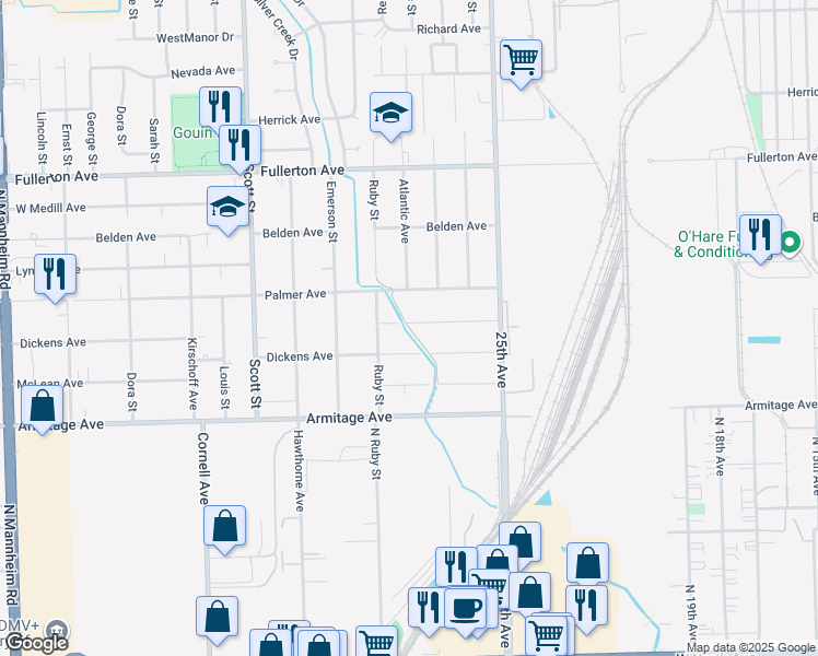 map of restaurants, bars, coffee shops, grocery stores, and more near Silver Creek Trail in Melrose Park