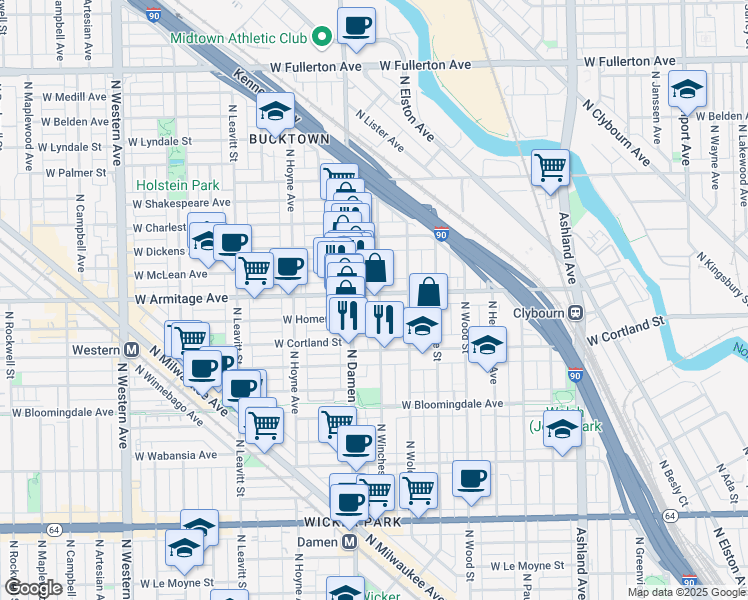 map of restaurants, bars, coffee shops, grocery stores, and more near 1937 West Armitage Avenue in Chicago