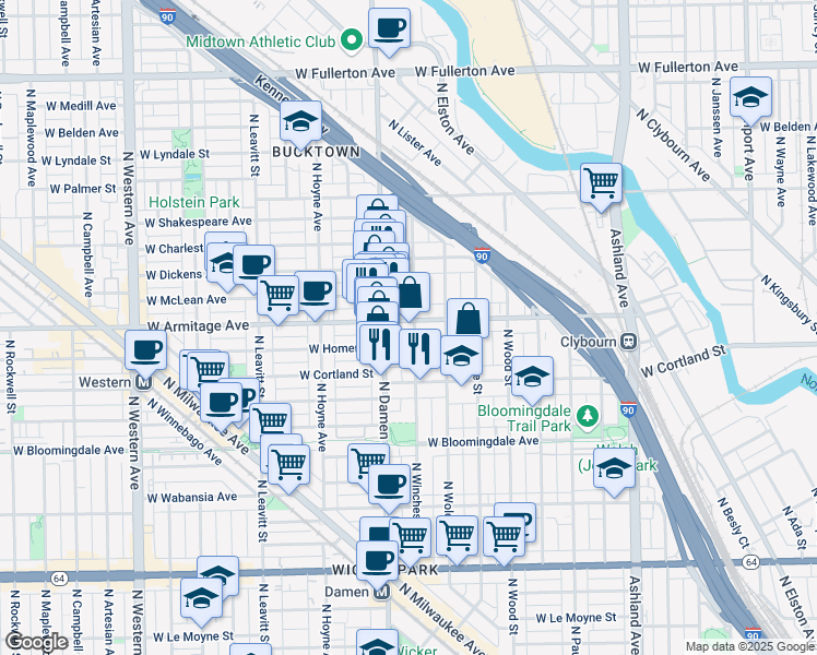 map of restaurants, bars, coffee shops, grocery stores, and more near 1937 West Armitage Avenue in Chicago