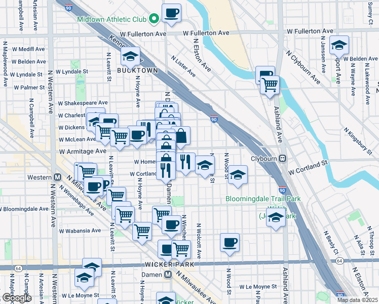 map of restaurants, bars, coffee shops, grocery stores, and more near 1917 West Armitage Avenue in Chicago