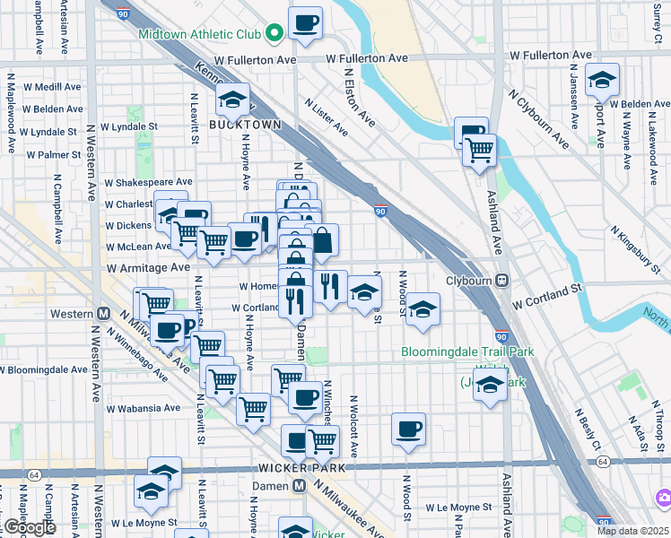 map of restaurants, bars, coffee shops, grocery stores, and more near 1919 West Armitage Avenue in Chicago