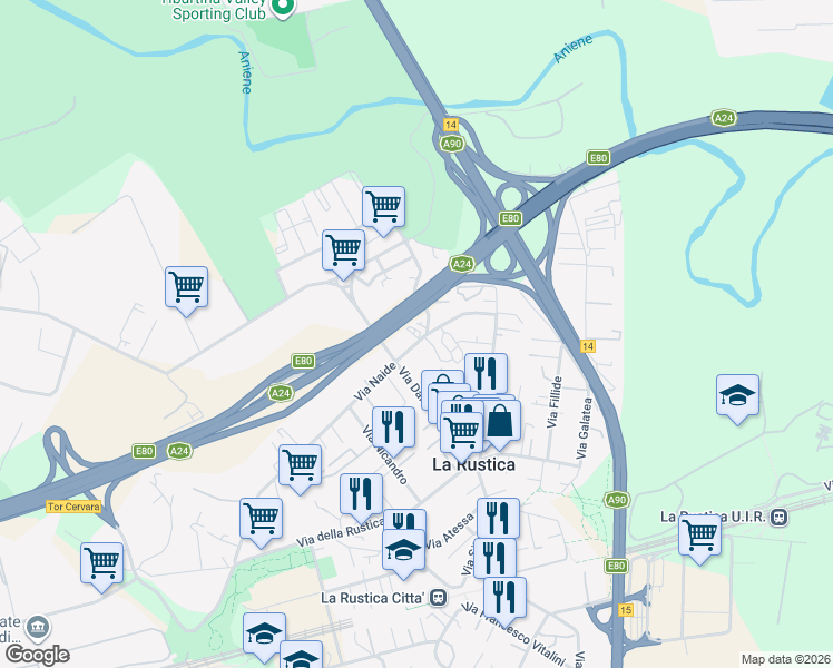 map of restaurants, bars, coffee shops, grocery stores, and more near 122 Via Naide in Roma