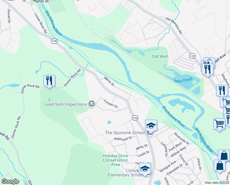 map of restaurants, bars, coffee shops, grocery stores, and more near 463 River Road in Lincoln