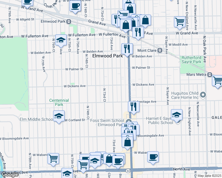 map of restaurants, bars, coffee shops, grocery stores, and more near 2038 73rd Avenue in Elmwood Park