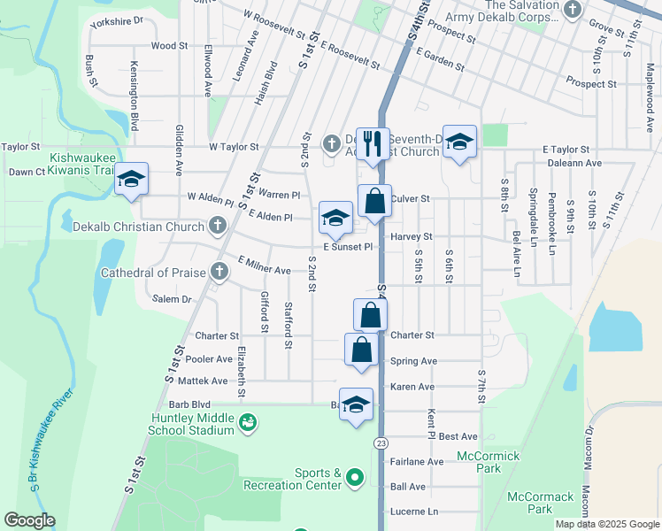 map of restaurants, bars, coffee shops, grocery stores, and more near 220 East Sunset Place in DeKalb