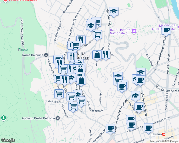map of restaurants, bars, coffee shops, grocery stores, and more near 65 Viale Tito Livio in Rome