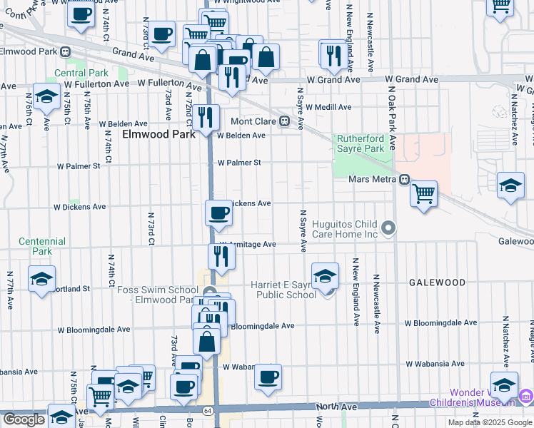 map of restaurants, bars, coffee shops, grocery stores, and more near 2044 North Nordica Avenue in Chicago