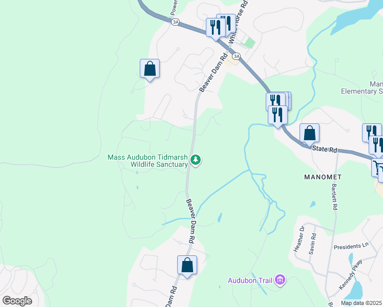 map of restaurants, bars, coffee shops, grocery stores, and more near 55 Beaver Dam Road in Plymouth