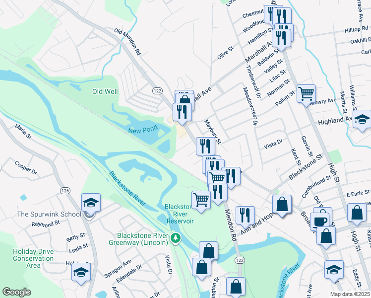 map of restaurants, bars, coffee shops, grocery stores, and more near 12 Lenox Street in Cumberland