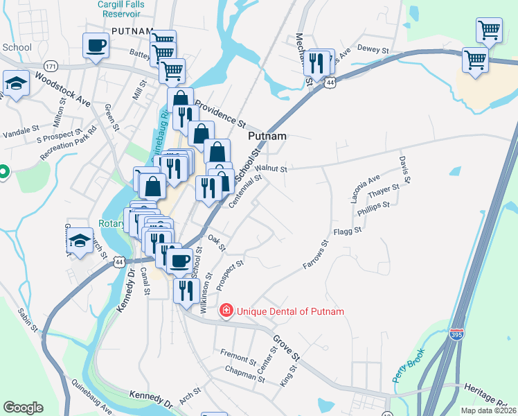 map of restaurants, bars, coffee shops, grocery stores, and more near 5 Charles Street in Putnam