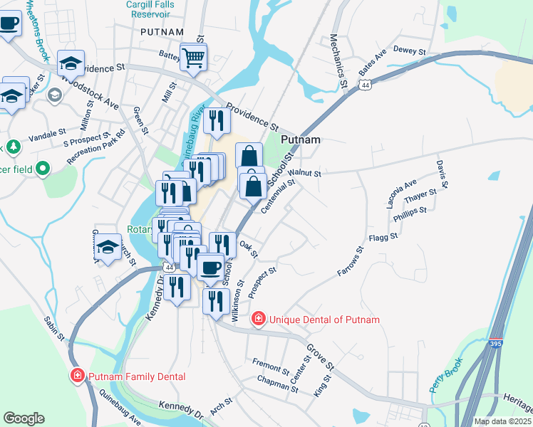 map of restaurants, bars, coffee shops, grocery stores, and more near 5 Centennial Street in Putnam