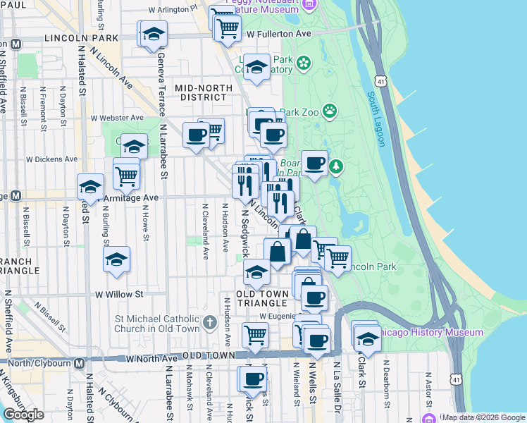 map of restaurants, bars, coffee shops, grocery stores, and more near 1939 North Lincoln Avenue in Chicago
