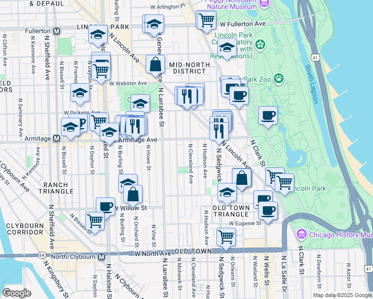 map of restaurants, bars, coffee shops, grocery stores, and more near 1935 North Mohawk Street in Chicago