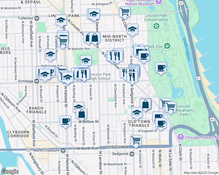 map of restaurants, bars, coffee shops, grocery stores, and more near 1935 North Mohawk Street in Chicago