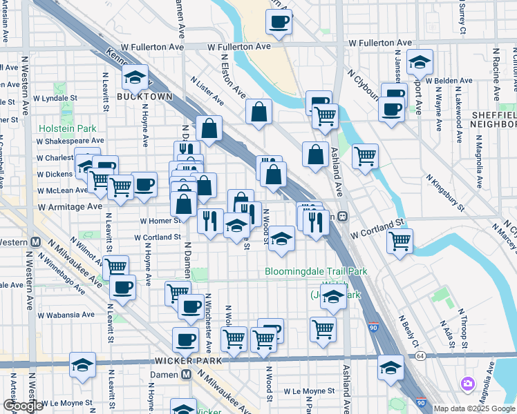 map of restaurants, bars, coffee shops, grocery stores, and more near 1815 West Armitage Avenue in Chicago