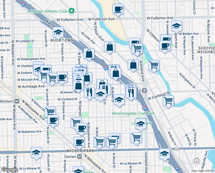 map of restaurants, bars, coffee shops, grocery stores, and more near 1815 West Armitage Avenue in Chicago