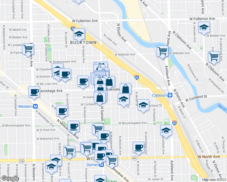map of restaurants, bars, coffee shops, grocery stores, and more near 1956 West Armitage Avenue in Chicago