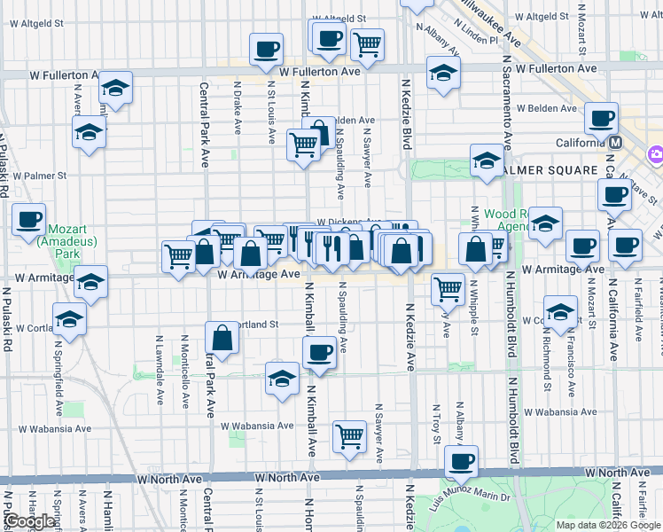 map of restaurants, bars, coffee shops, grocery stores, and more near 3316 West Armitage Avenue in Chicago