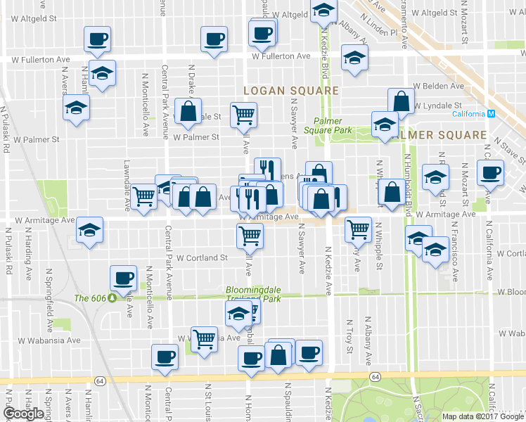 map of restaurants, bars, coffee shops, grocery stores, and more near 3316 West Armitage Avenue in Chicago