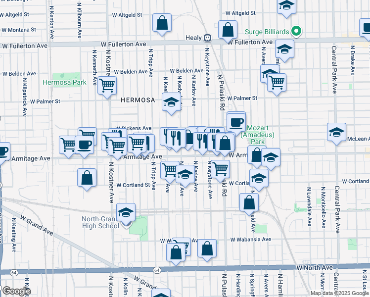map of restaurants, bars, coffee shops, grocery stores, and more near in Chicago