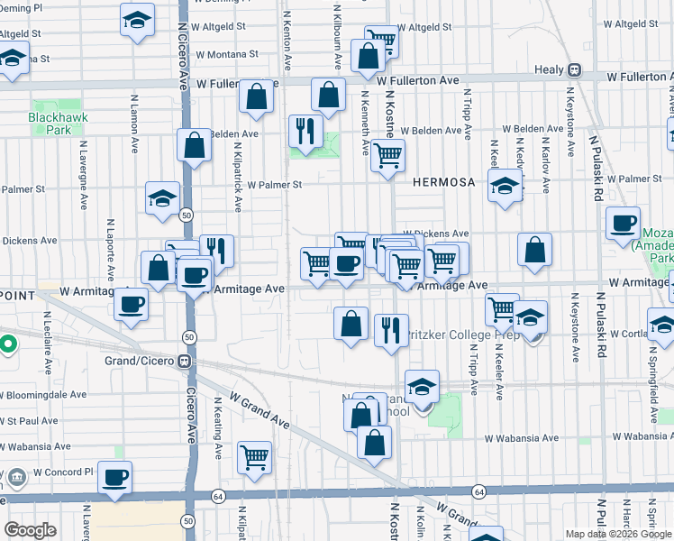 map of restaurants, bars, coffee shops, grocery stores, and more near 4508 West Armitage Avenue in Chicago