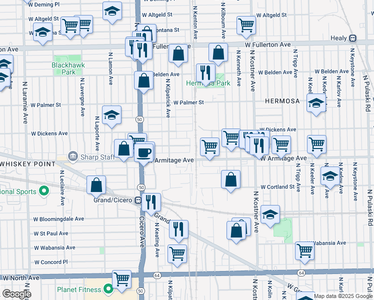 map of restaurants, bars, coffee shops, grocery stores, and more near 4625 West McLean Avenue in Chicago