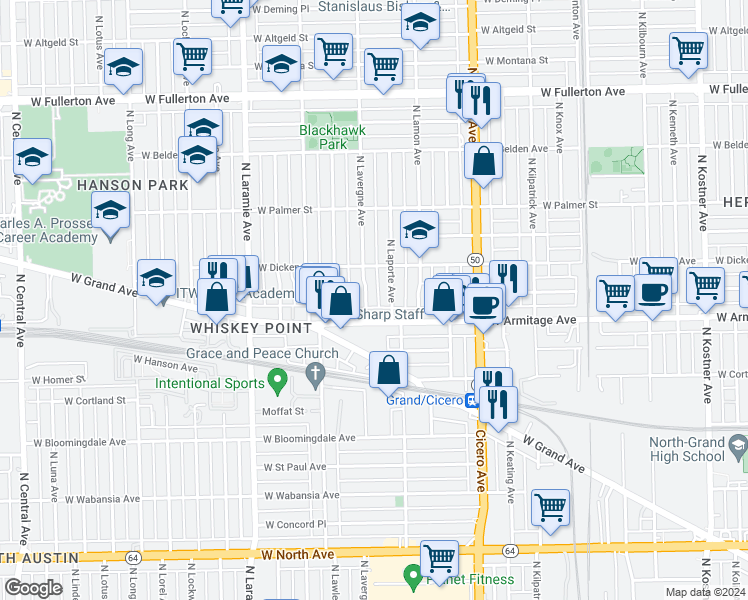 map of restaurants, bars, coffee shops, grocery stores, and more near in Chicago