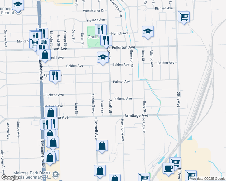 map of restaurants, bars, coffee shops, grocery stores, and more near 2130 Scott Street in Northlake