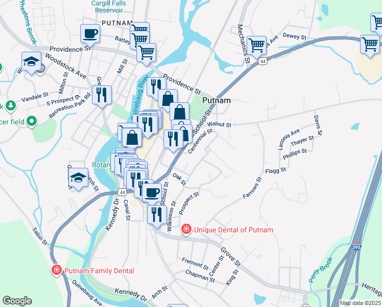 map of restaurants, bars, coffee shops, grocery stores, and more near 5 Centennial Street in Putnam