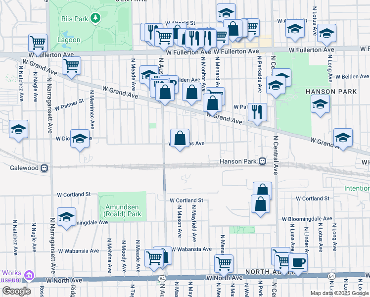 map of restaurants, bars, coffee shops, grocery stores, and more near 5921 West Dickens Avenue in Chicago
