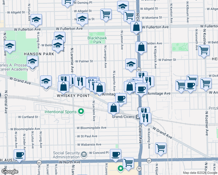 map of restaurants, bars, coffee shops, grocery stores, and more near in Chicago